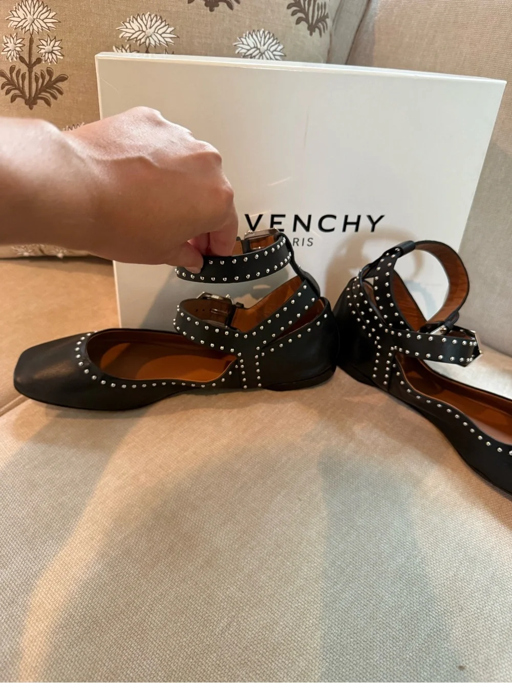 Givenchy Black Studded Leather Strappy Square-Toe Flats